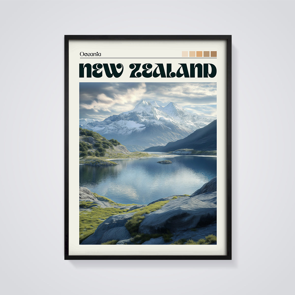 New Zealand Mountain Lake Print framed in black on a grey background