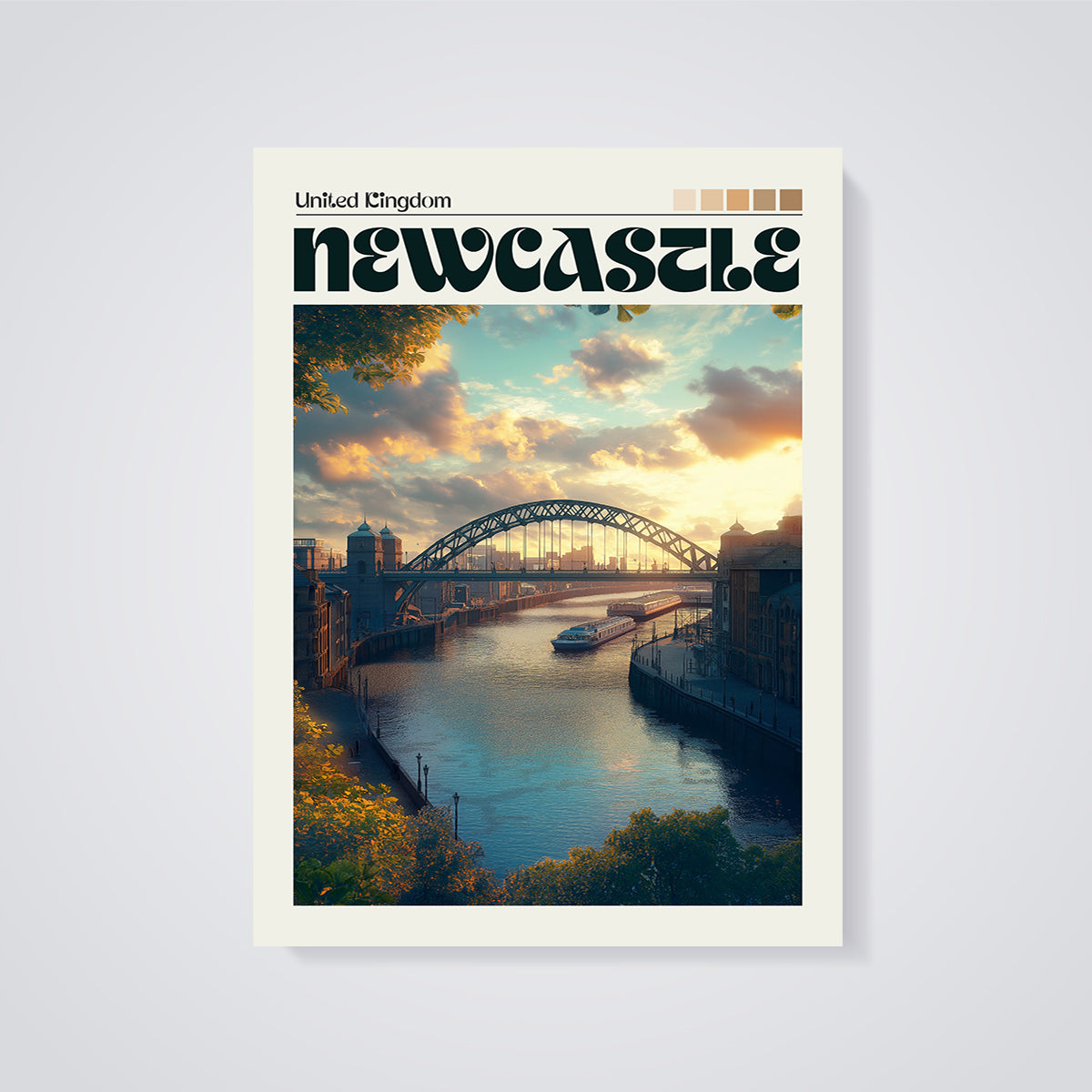 Newcastle Tyne Bridge Sunset Print unframed on a grey background