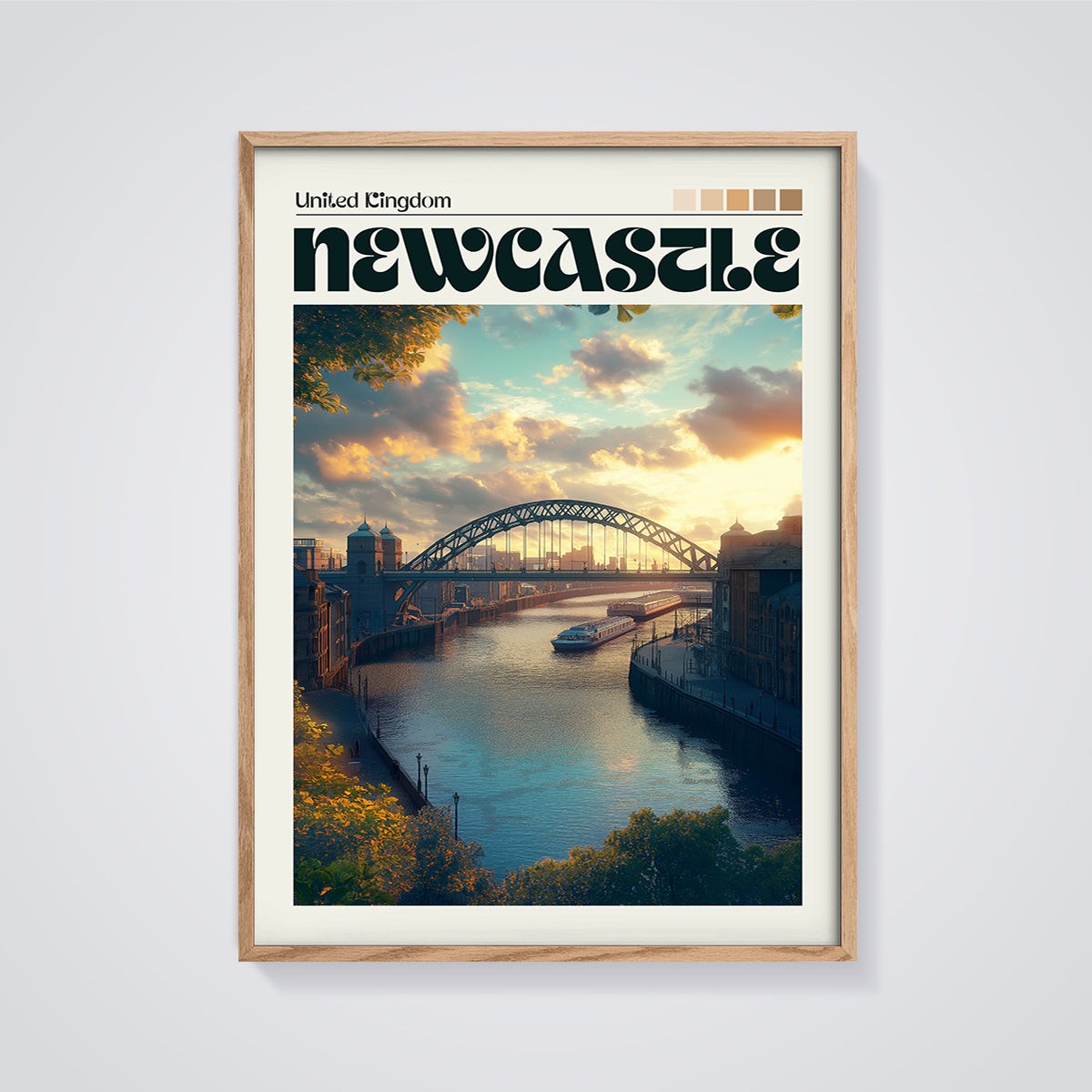 Newcastle Tyne Bridge Sunset Print framed in oak on a grey background