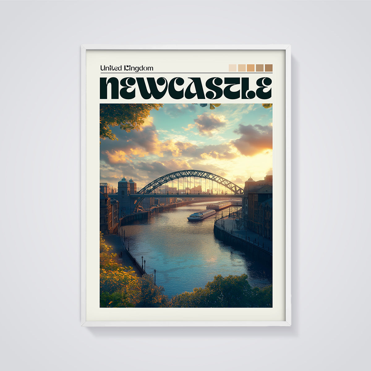 Newcastle Tyne Bridge Sunset Print framed in white on a grey background