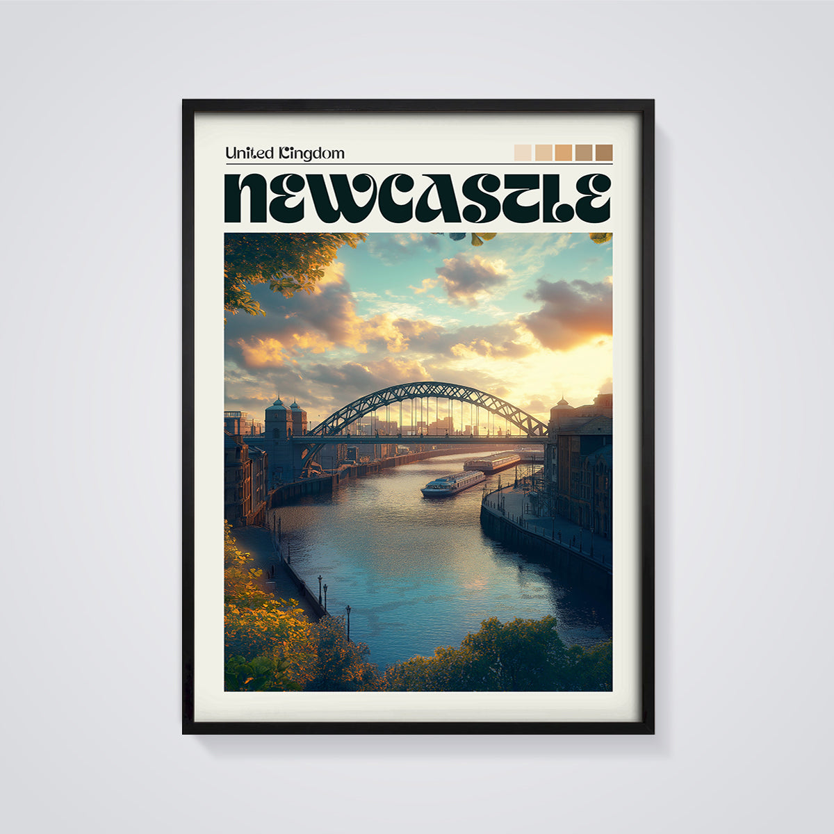 Newcastle Tyne Bridge Sunset Print framed in black on a grey background