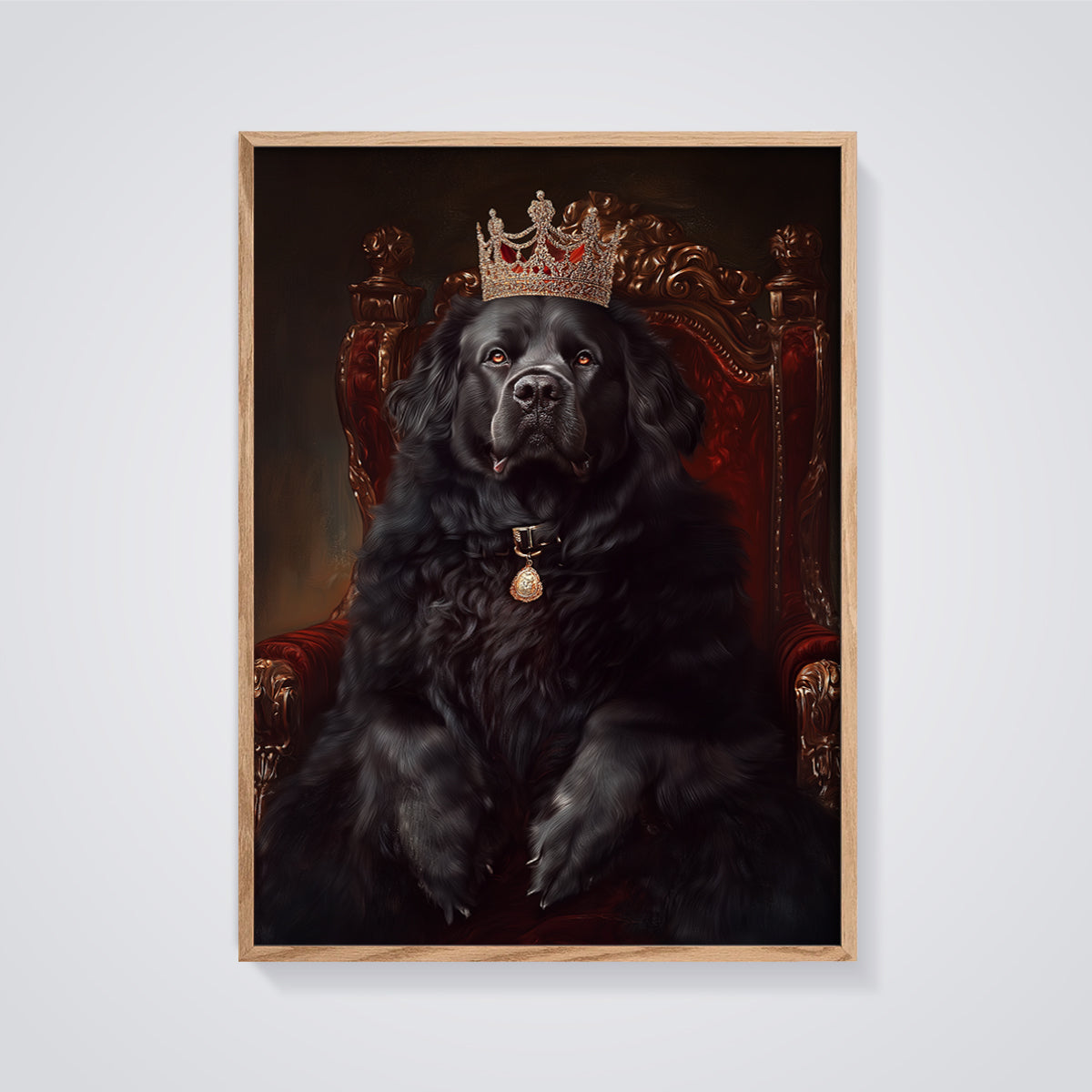 Newfoundland King Portrait Print framed in oak on a grey background
