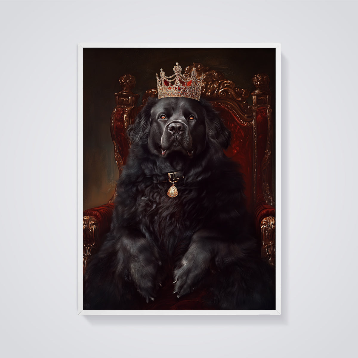Newfoundland King Portrait Print framed in white on a grey background