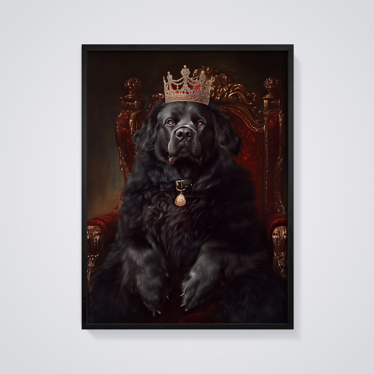 Newfoundland King Portrait Print framed in black on a grey background