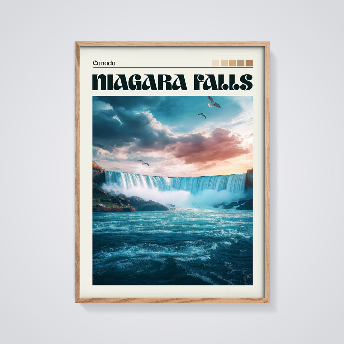 Niagara Falls Canada Print framed in oak on a grey background