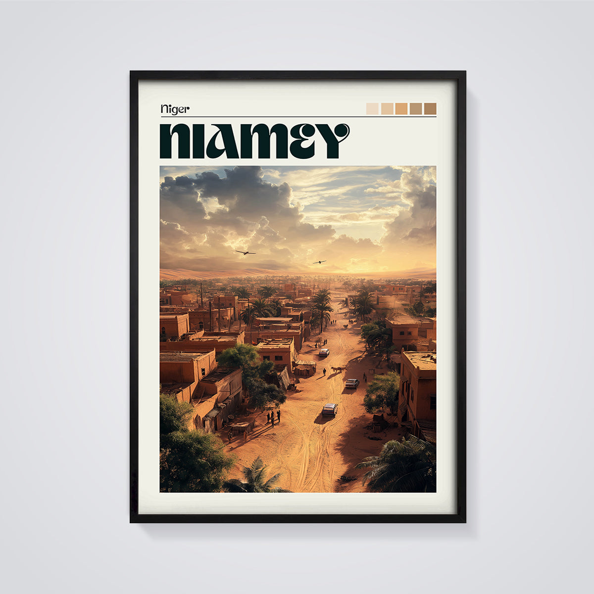 Niamey Niger Cityscape Print framed in black on a grey background