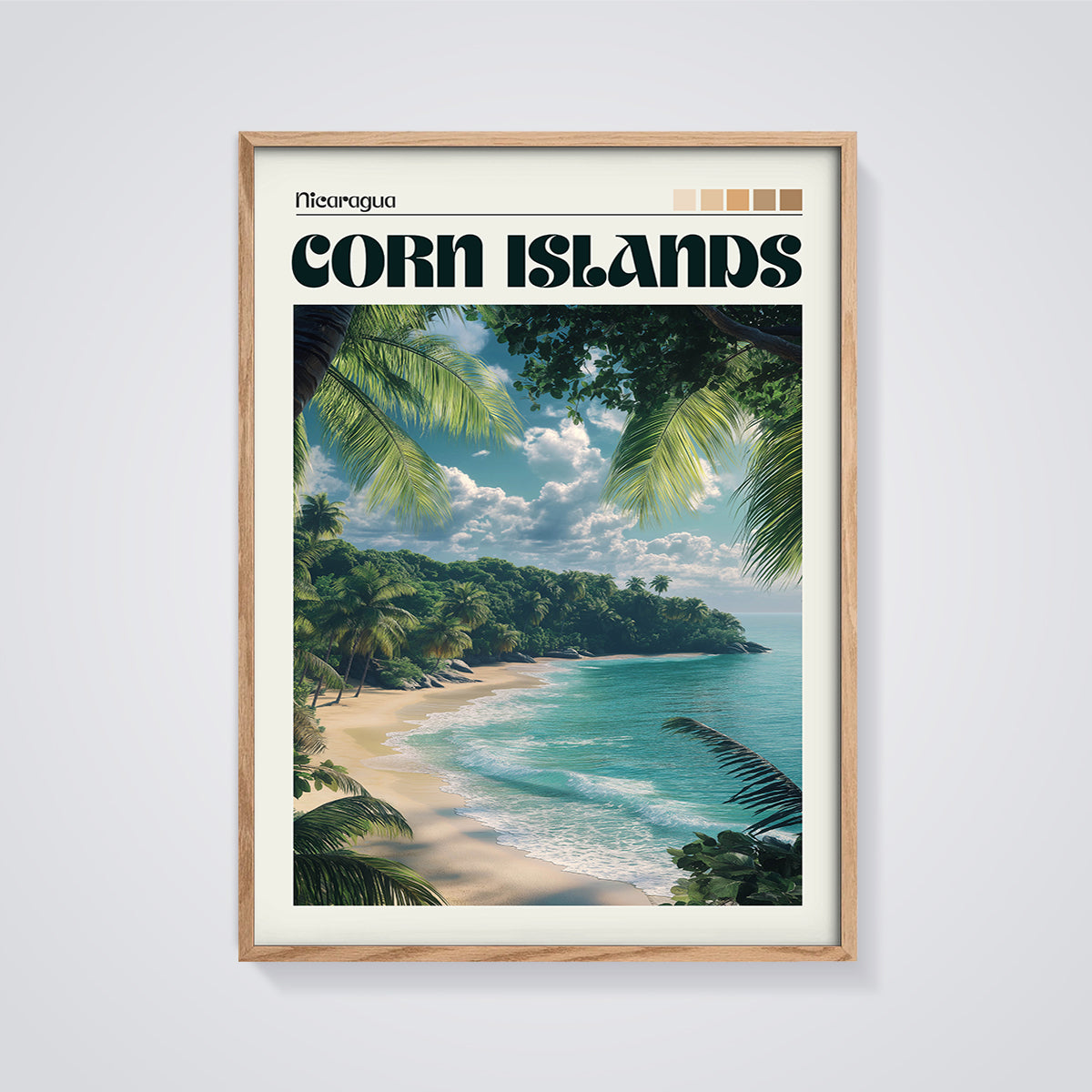 Nicaragua Corn Islands Beach Print framed in oak on a grey background