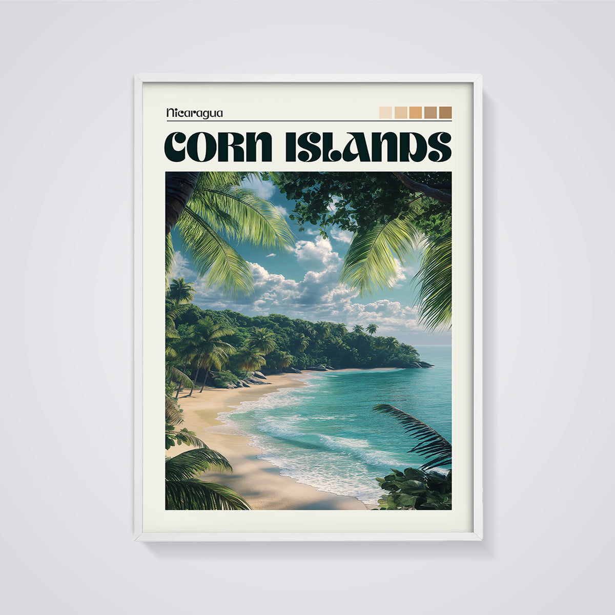 Nicaragua Corn Islands Beach Print framed in white on a grey background