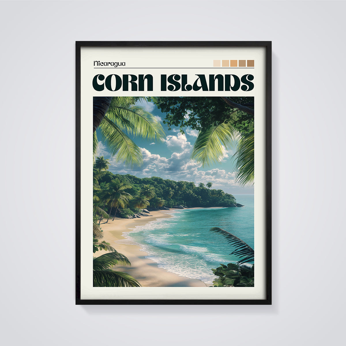 Nicaragua Corn Islands Beach Print framed in black on a grey background
