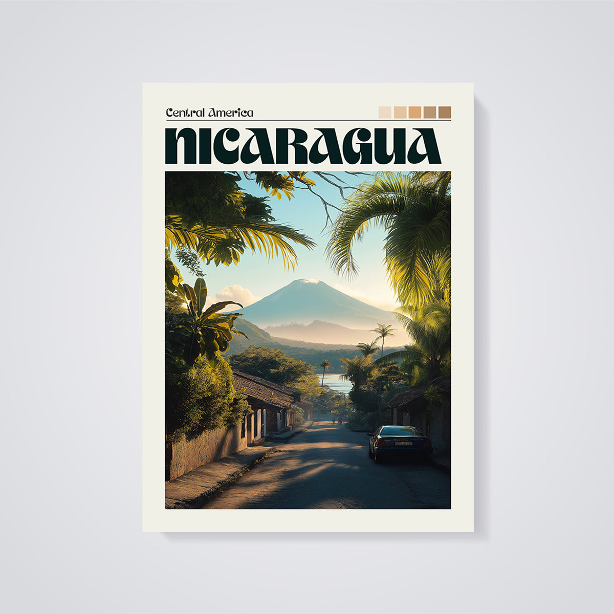Nicaragua Volcano Village Print unframed on a grey background