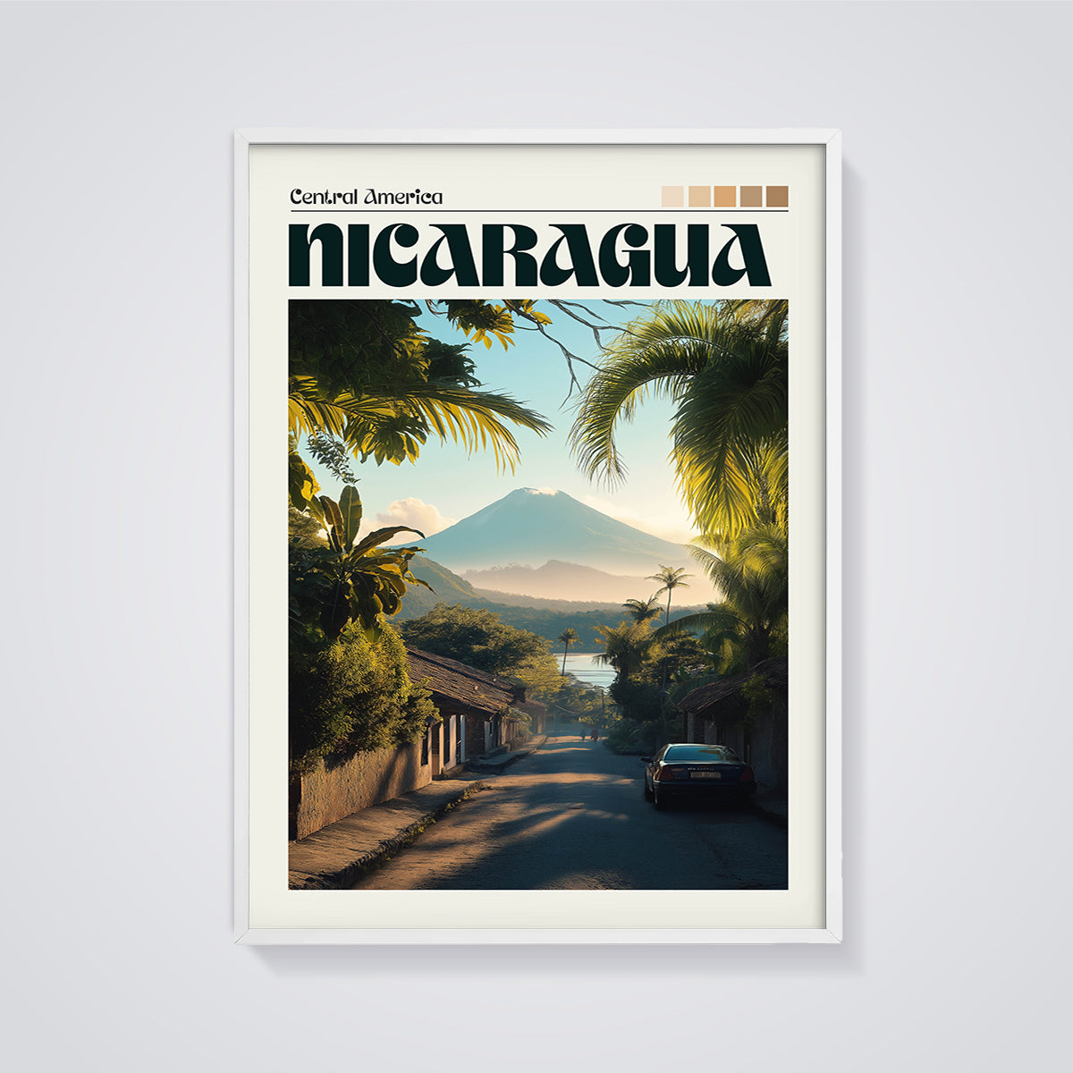 Nicaragua Volcano Village Print framed in white on a grey background