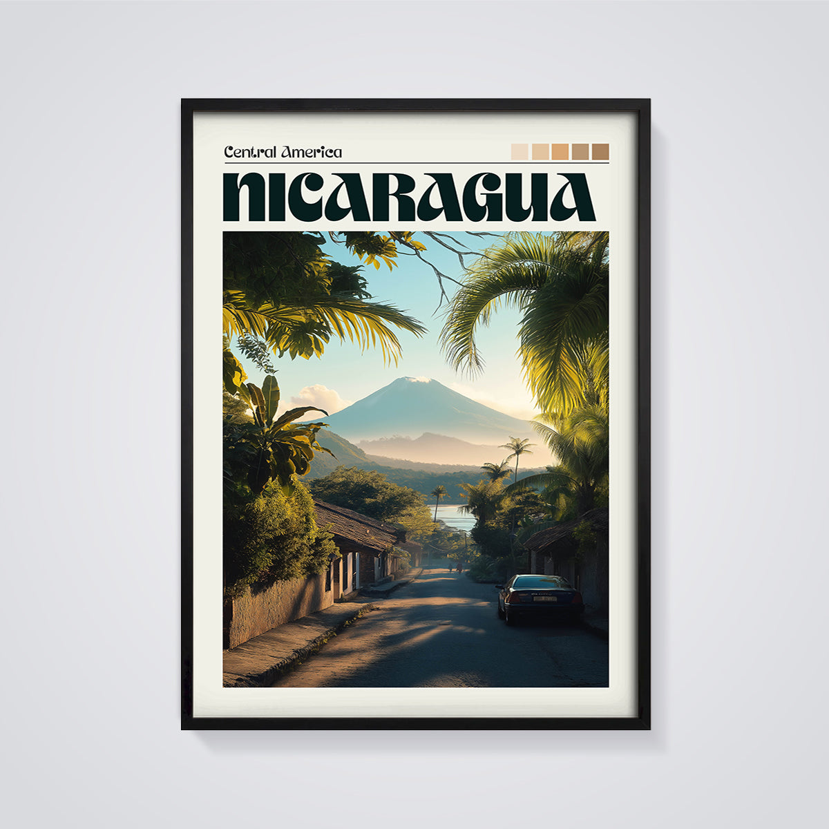 Nicaragua Volcano Village Print framed in black on a grey background