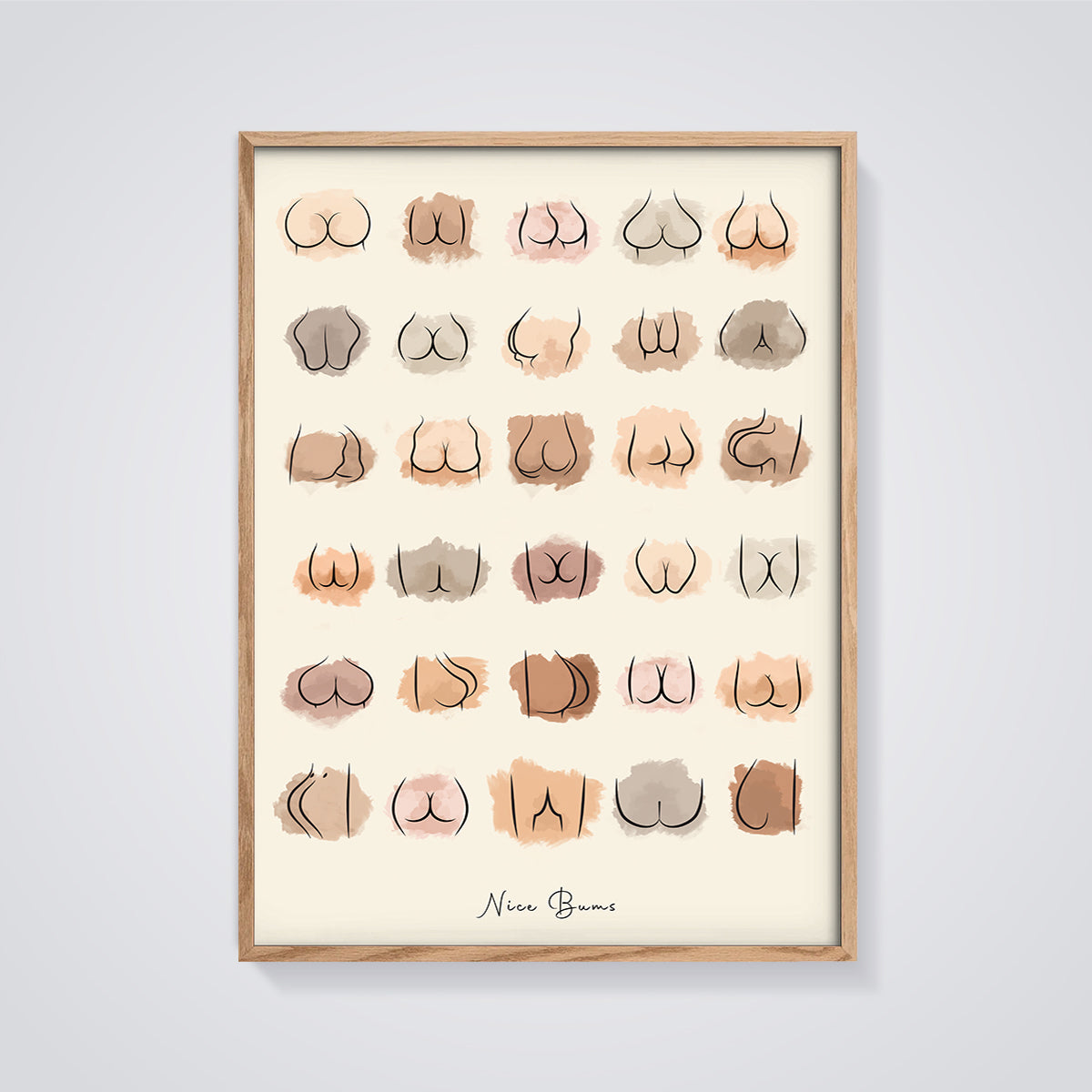 Nice Bums Body Shapes Print framed in oak on a grey background