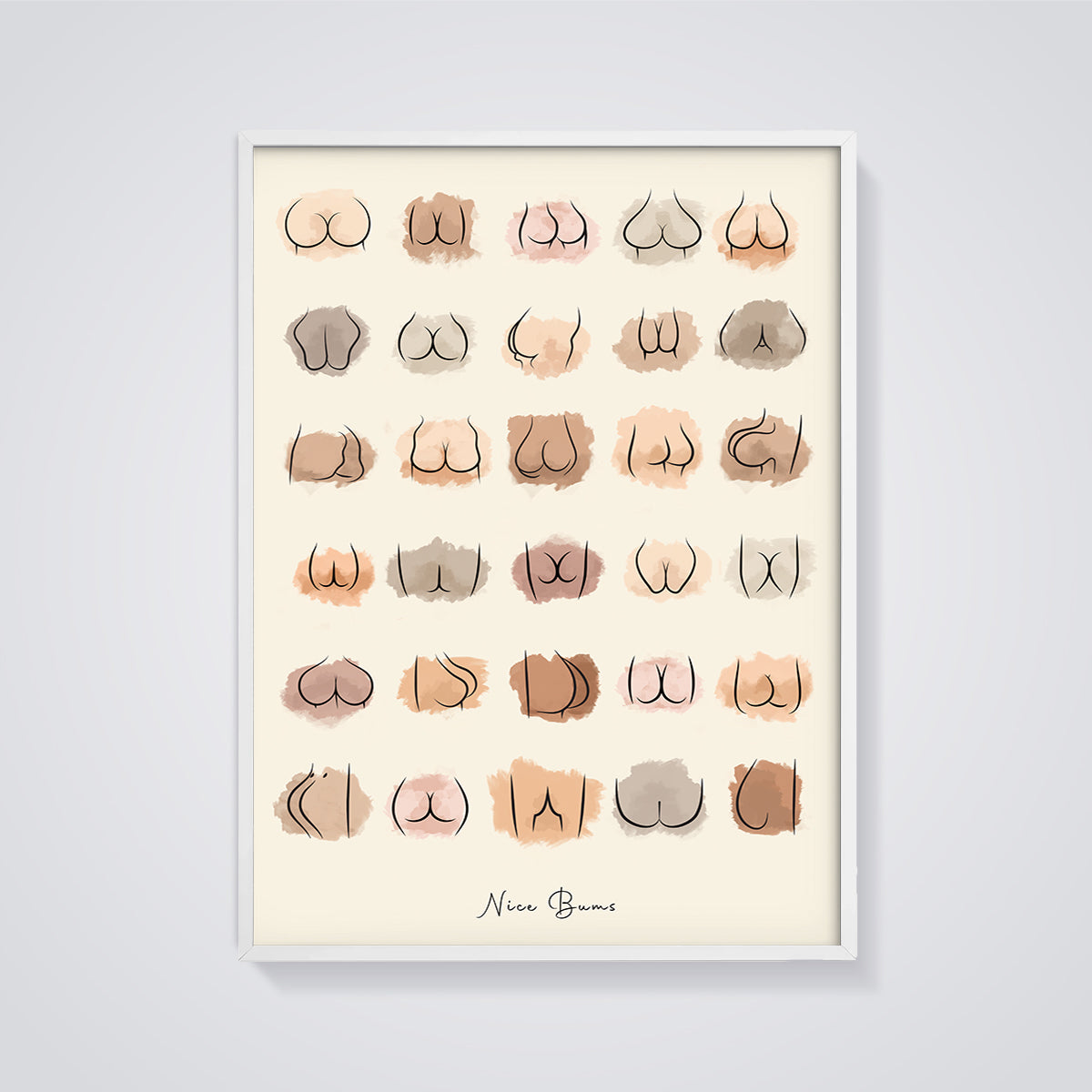 Nice Bums Body Shapes Print framed in white on a grey background