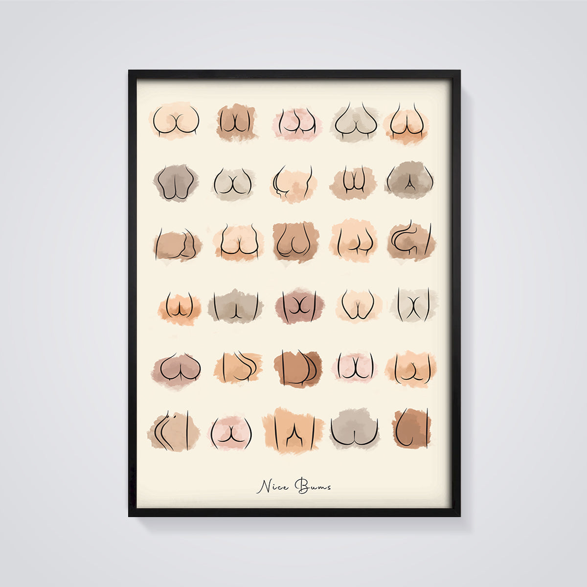 Nice Bums Body Shapes Print framed in black on a grey background