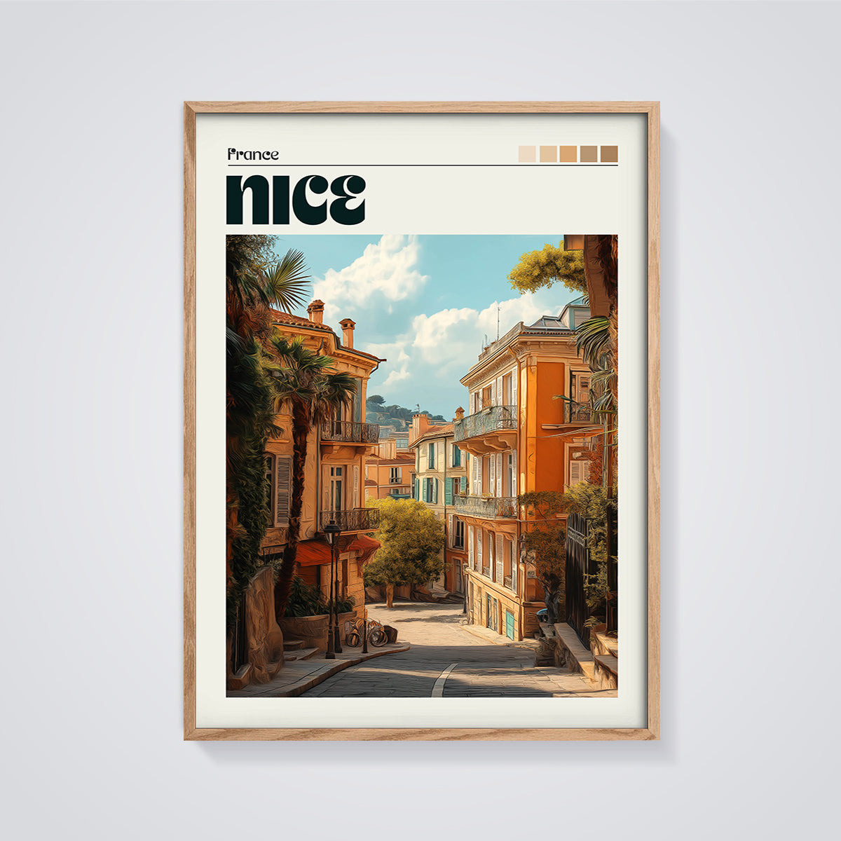 Nice France Street View Print framed in oak on a grey background