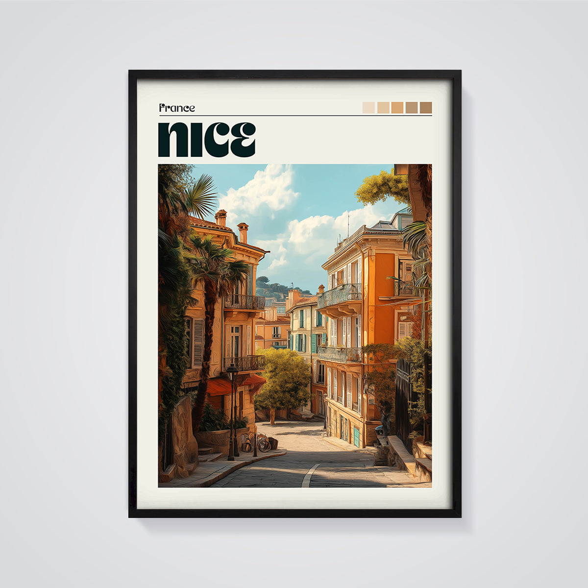 Nice France Street View Print framed in black on a grey background