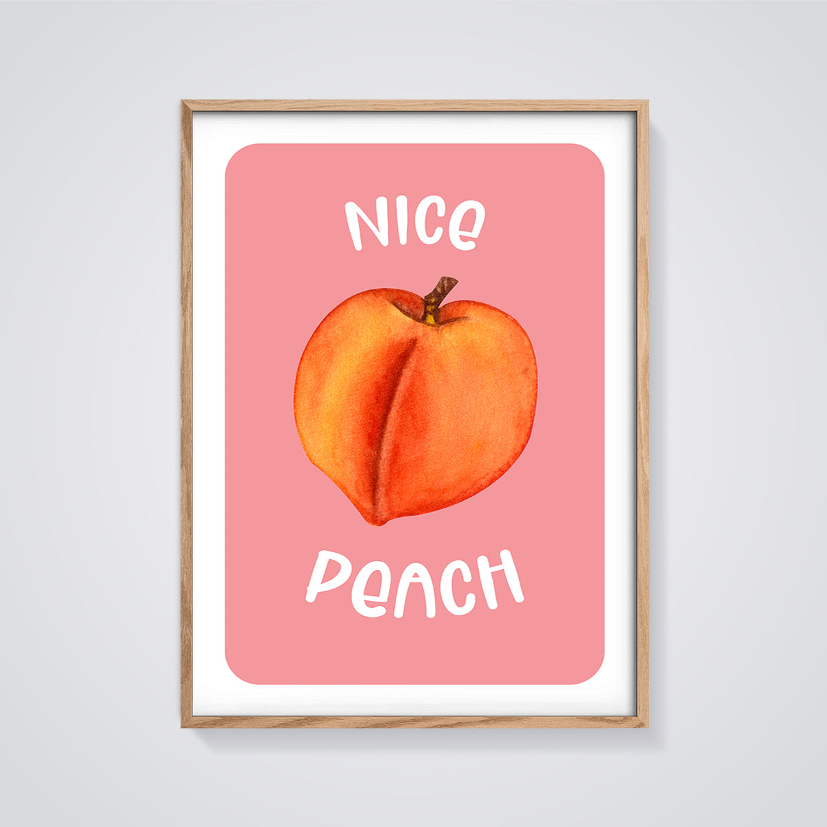 Nice Peach Fruit Print framed in oak on a grey background