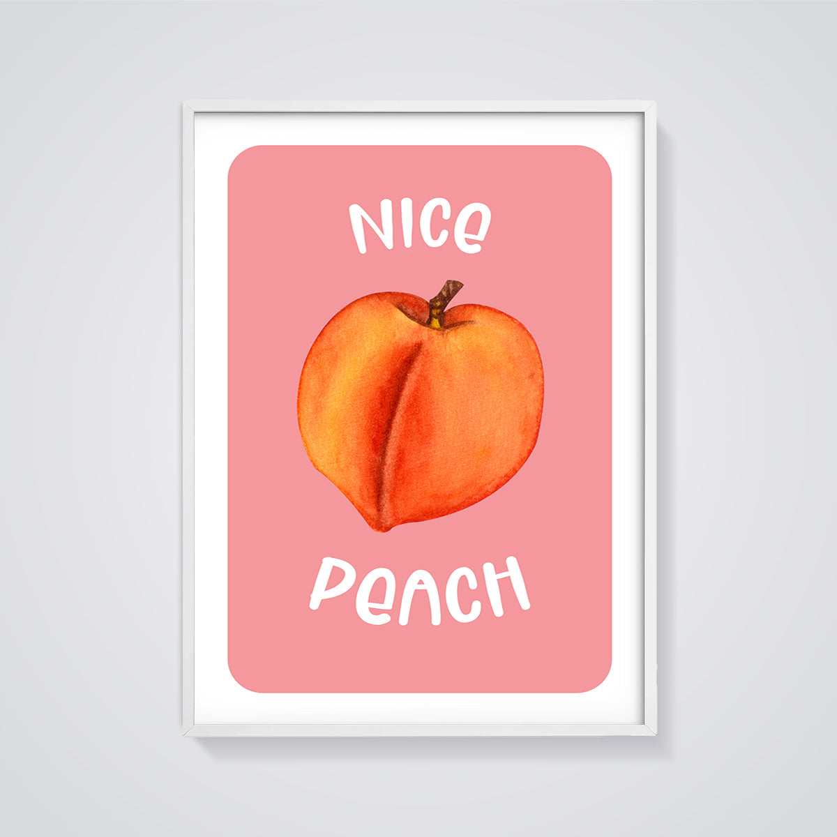 Nice Peach Fruit Print framed in white on a grey background