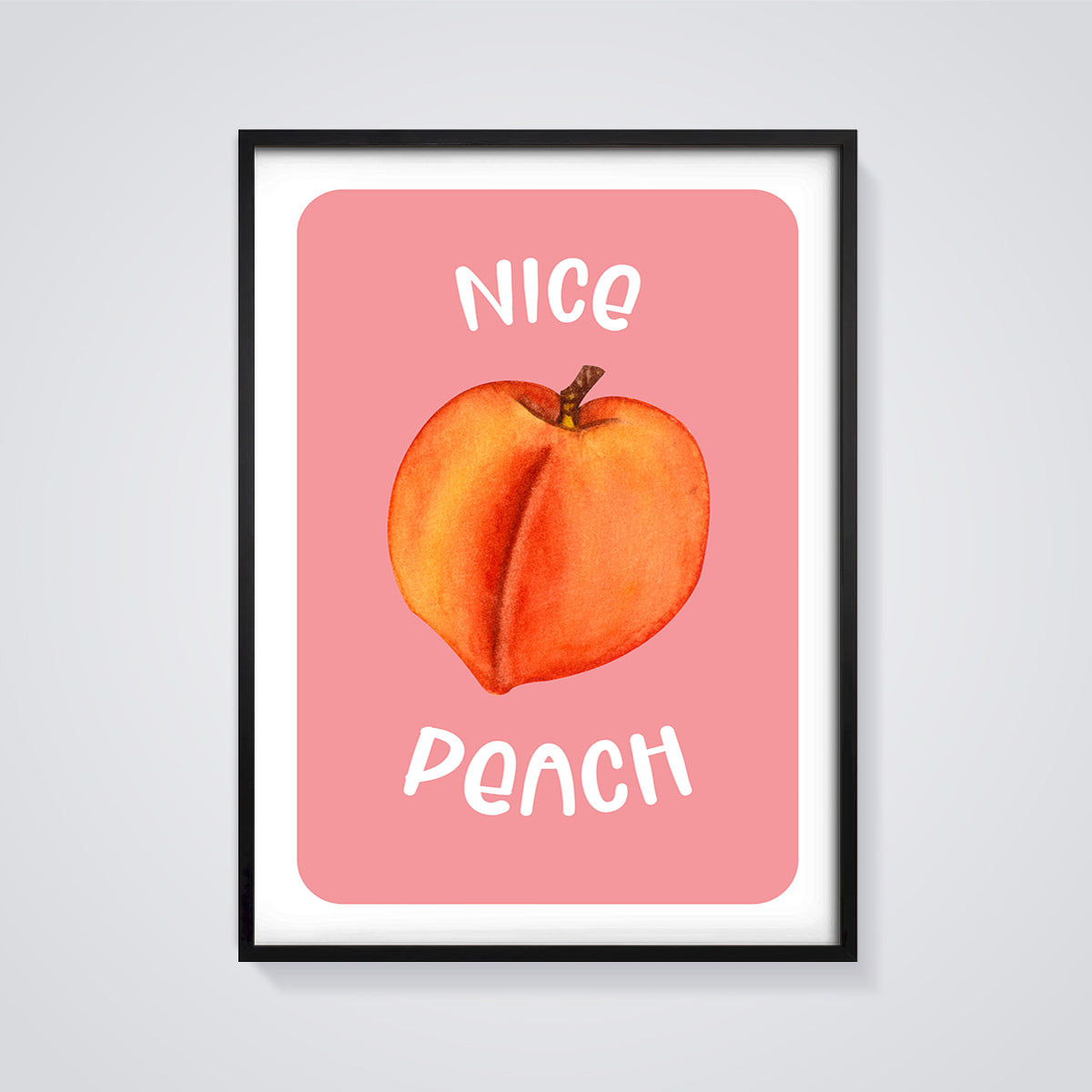 Nice Peach Fruit Print framed in black on a grey background