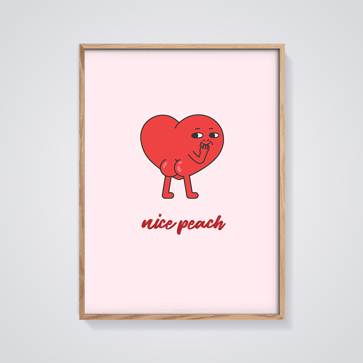 Nice Peach Heart Character Print framed in oak on a grey background