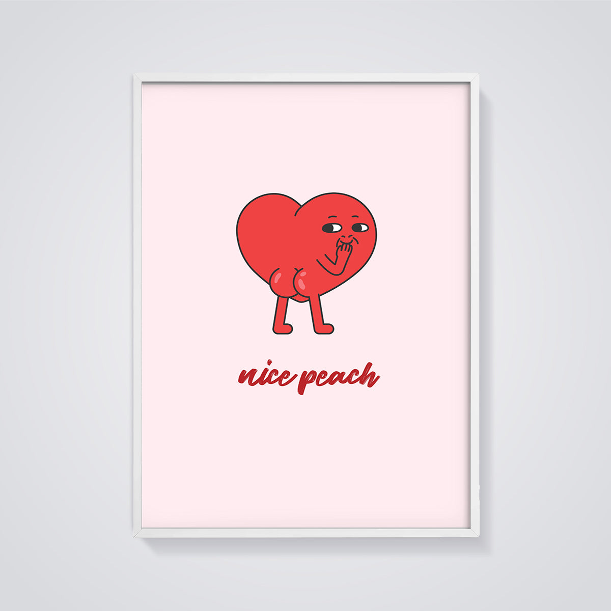Nice Peach Heart Character Print framed in white on a grey background