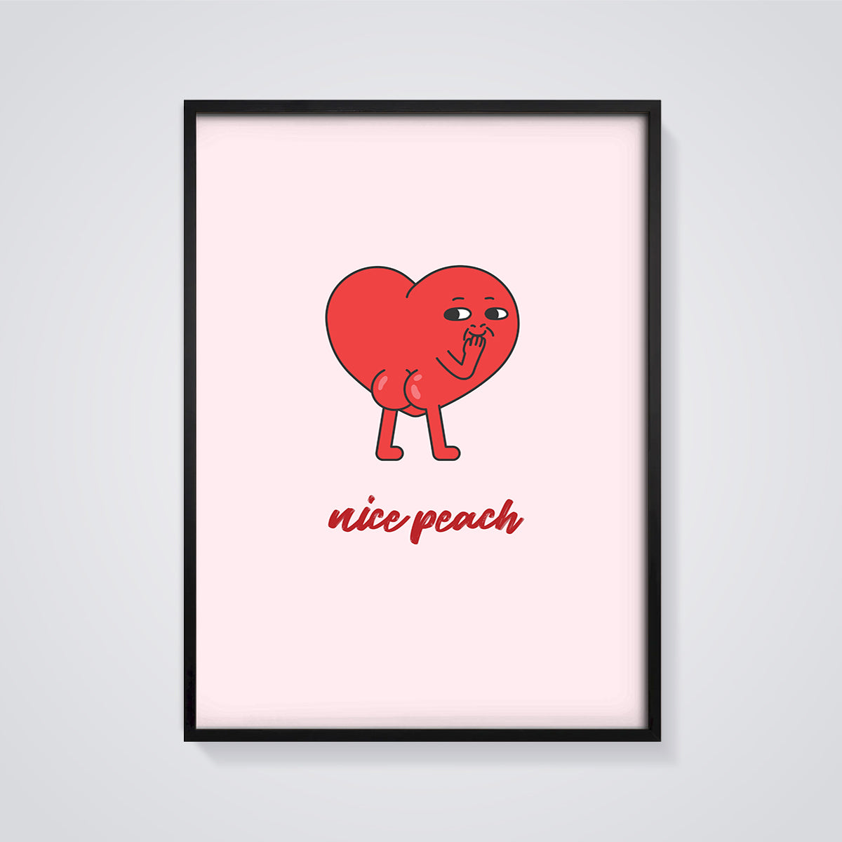 Nice Peach Heart Character Print framed in black on a grey background