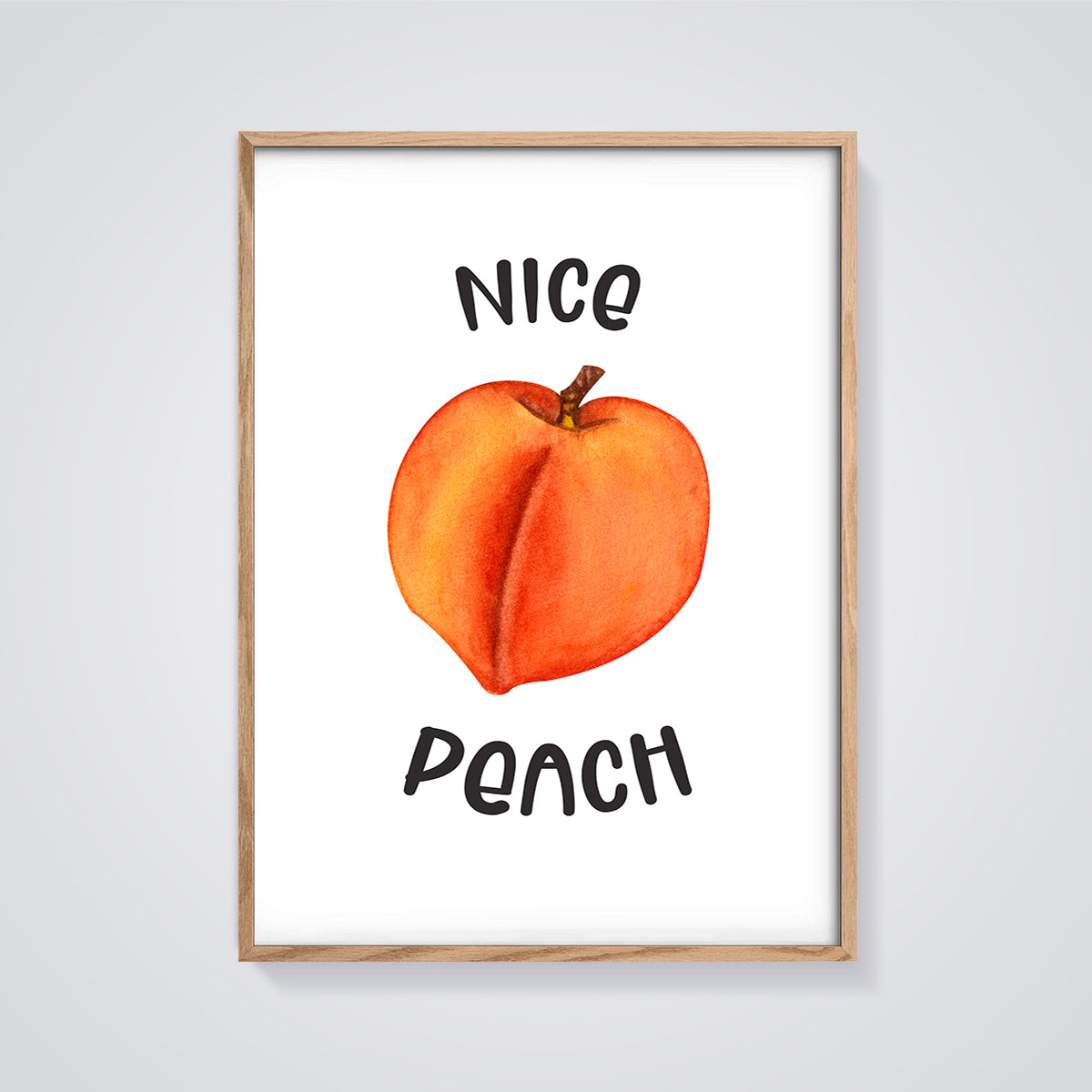 Nice Peach Watercolor Print framed in oak on a grey background