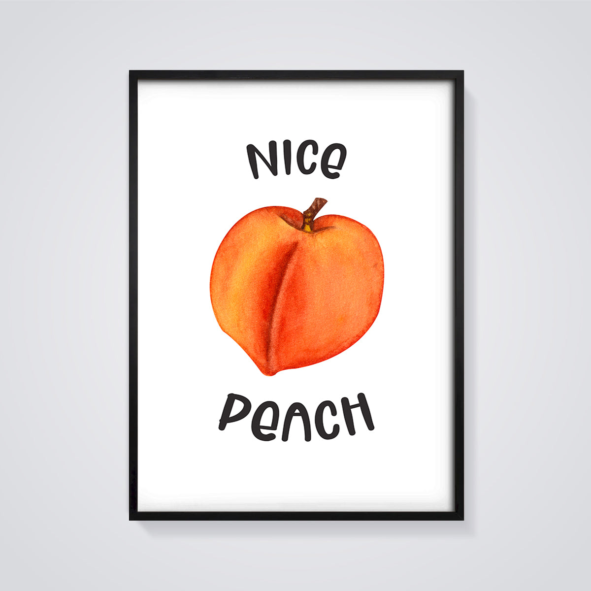 Nice Peach Watercolor Print framed in black on a grey background