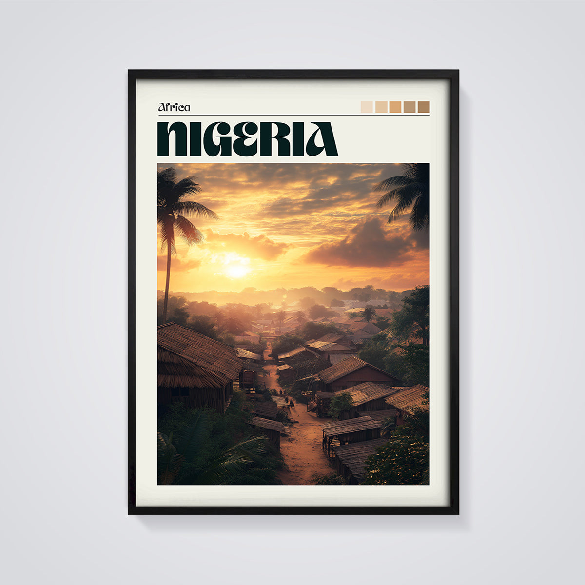 Nigeria Village Sunset Print framed in black on a grey background