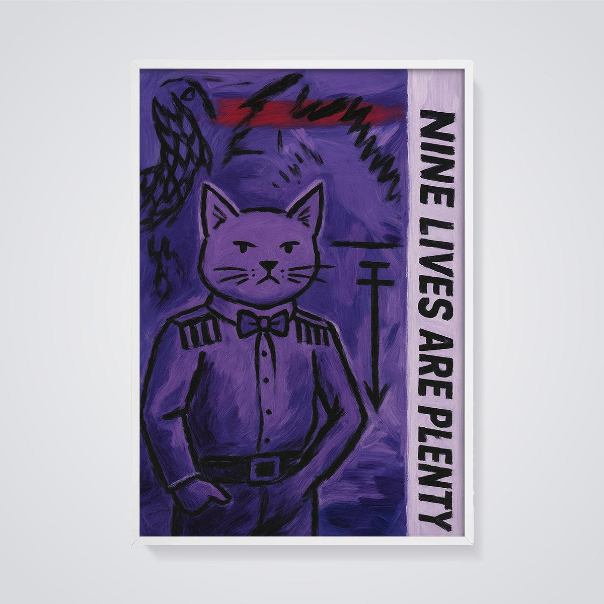 Nine Lives Are Plenty Cat Officer Print framed in white on a grey background