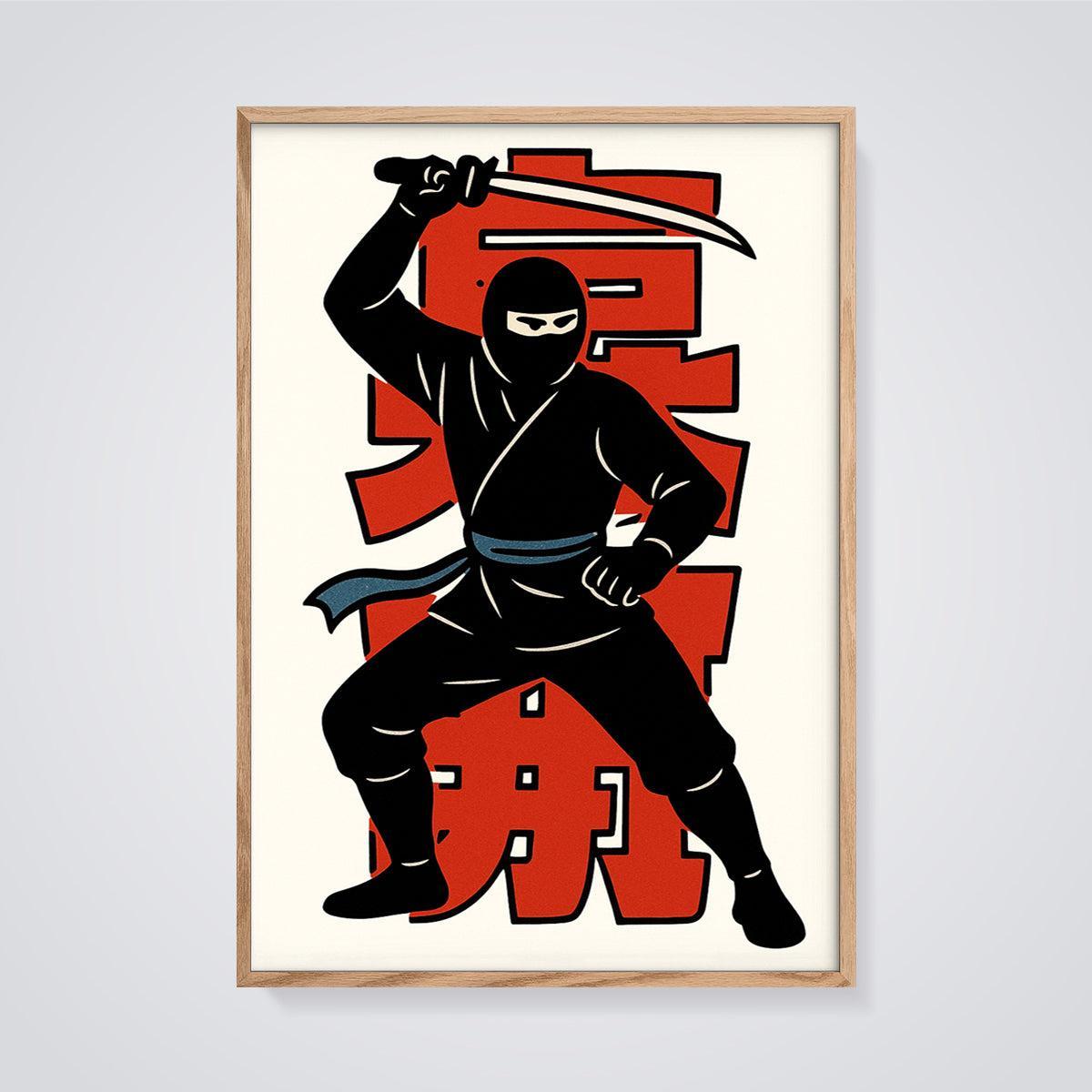 Ninja Warrior Katana Print framed in oak on a grey background