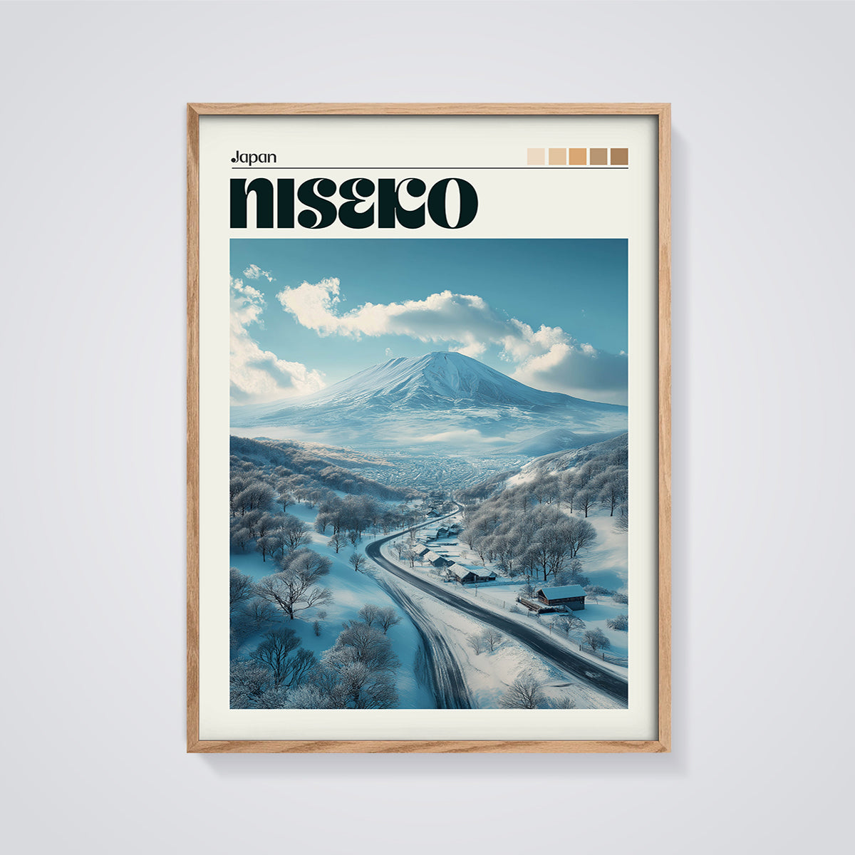 Niseko Japan Mountain Road Print framed in oak on a grey background