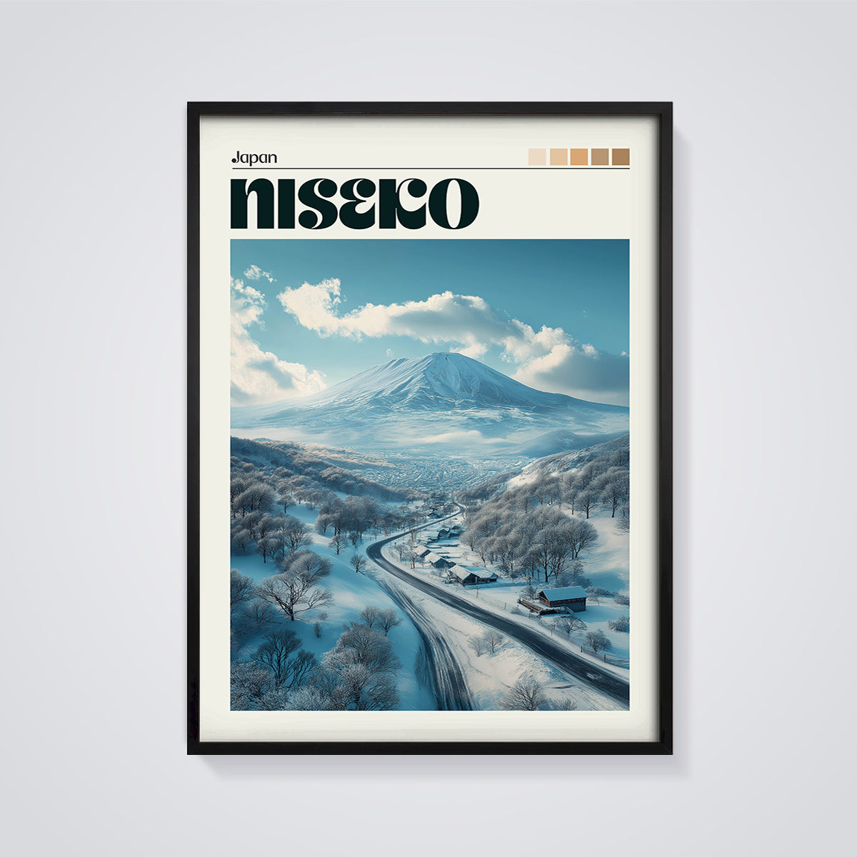 Niseko Japan Mountain Road Print framed in black on a grey background