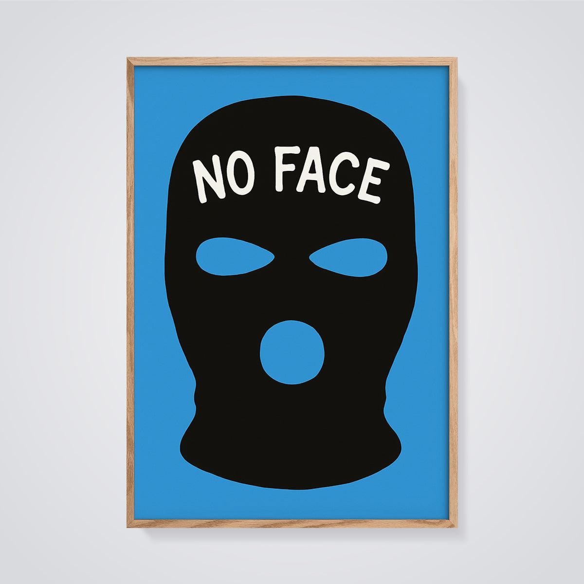No Face Balaclava Print framed in oak on a grey background