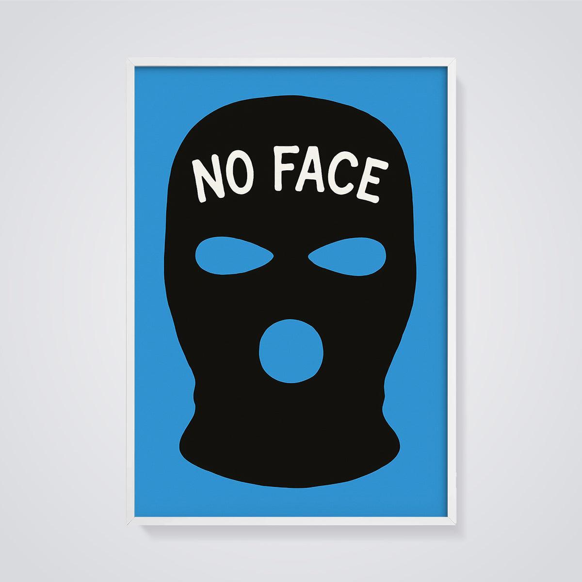 No Face Balaclava Print framed in white on a grey background