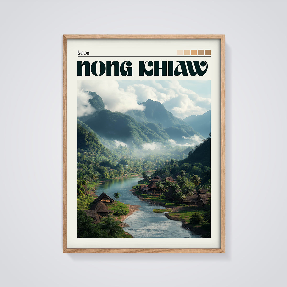 Nong Khiaw, Laos River Valley Print framed in oak on a grey background