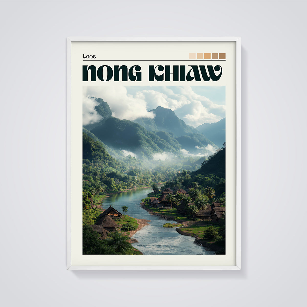 Nong Khiaw, Laos River Valley Print framed in white on a grey background