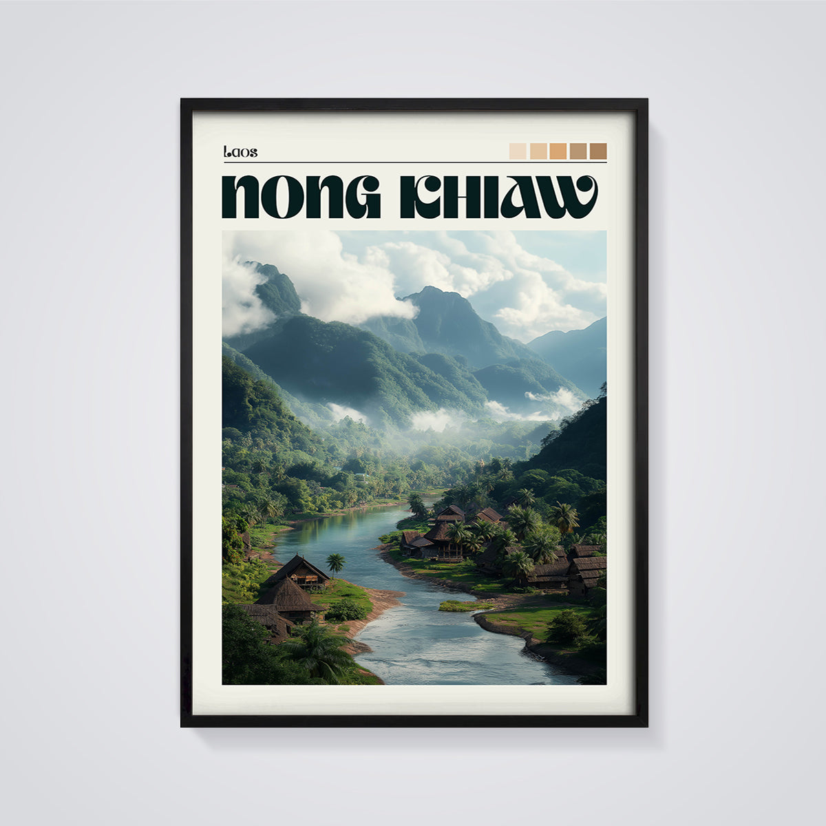Nong Khiaw, Laos River Valley Print framed in black on a grey background