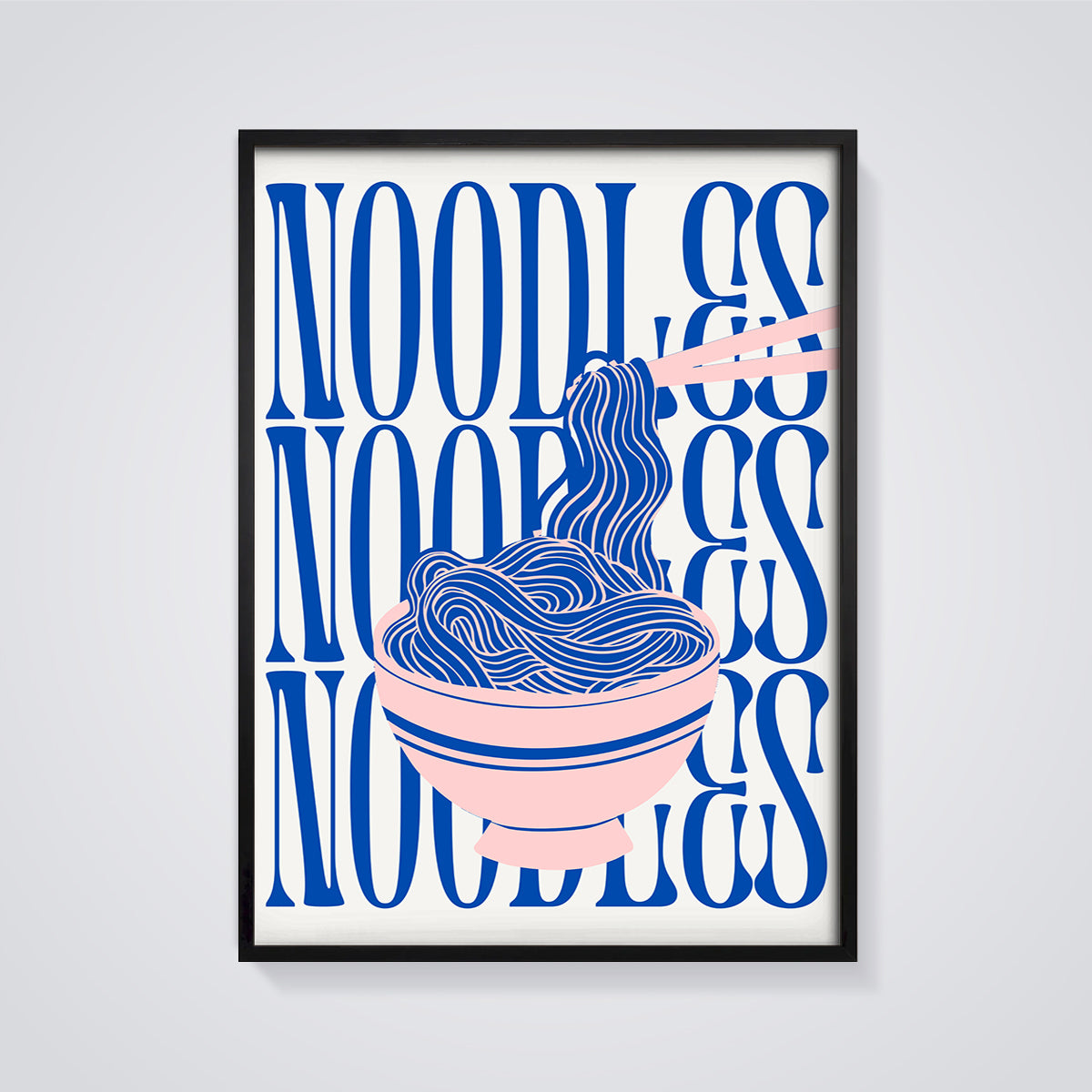 Noodles Bowl Art Print framed in black on a grey background