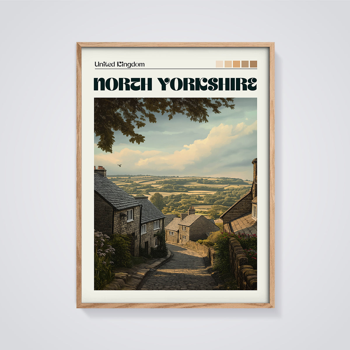 North Yorkshire Village View Print framed in oak on a grey background