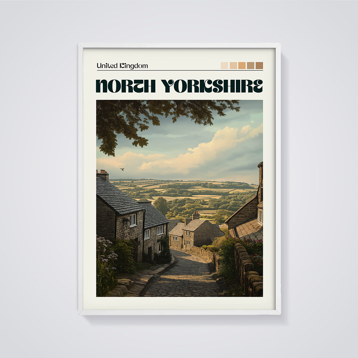 North Yorkshire Village View Print framed in white on a grey background