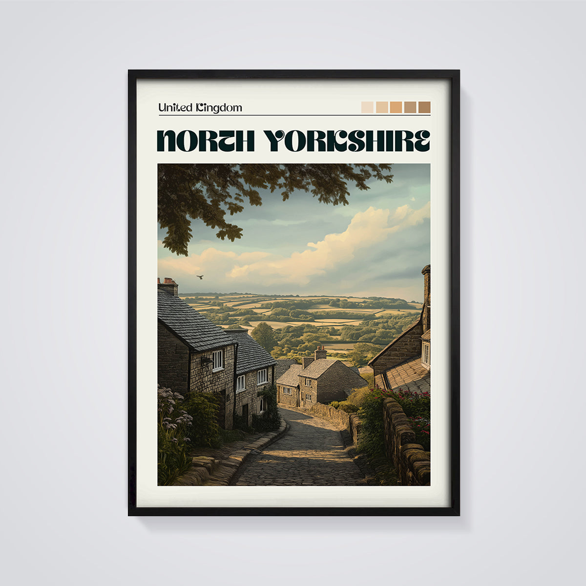 North Yorkshire Village View Print framed in black on a grey background