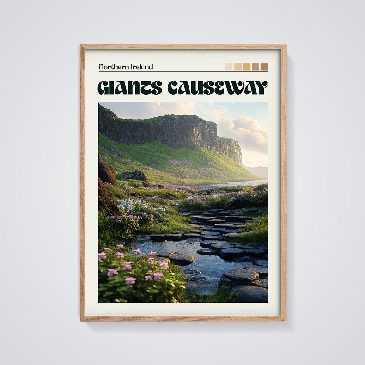 Northern Ireland Giant's Causeway Print framed in oak on a grey background