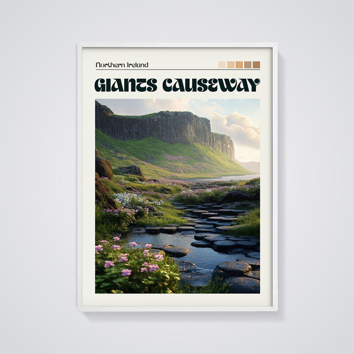 Northern Ireland Giant's Causeway Print framed in white on a grey background
