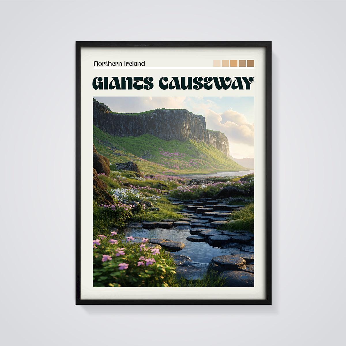 Northern Ireland Giant's Causeway Print framed in black on a grey background