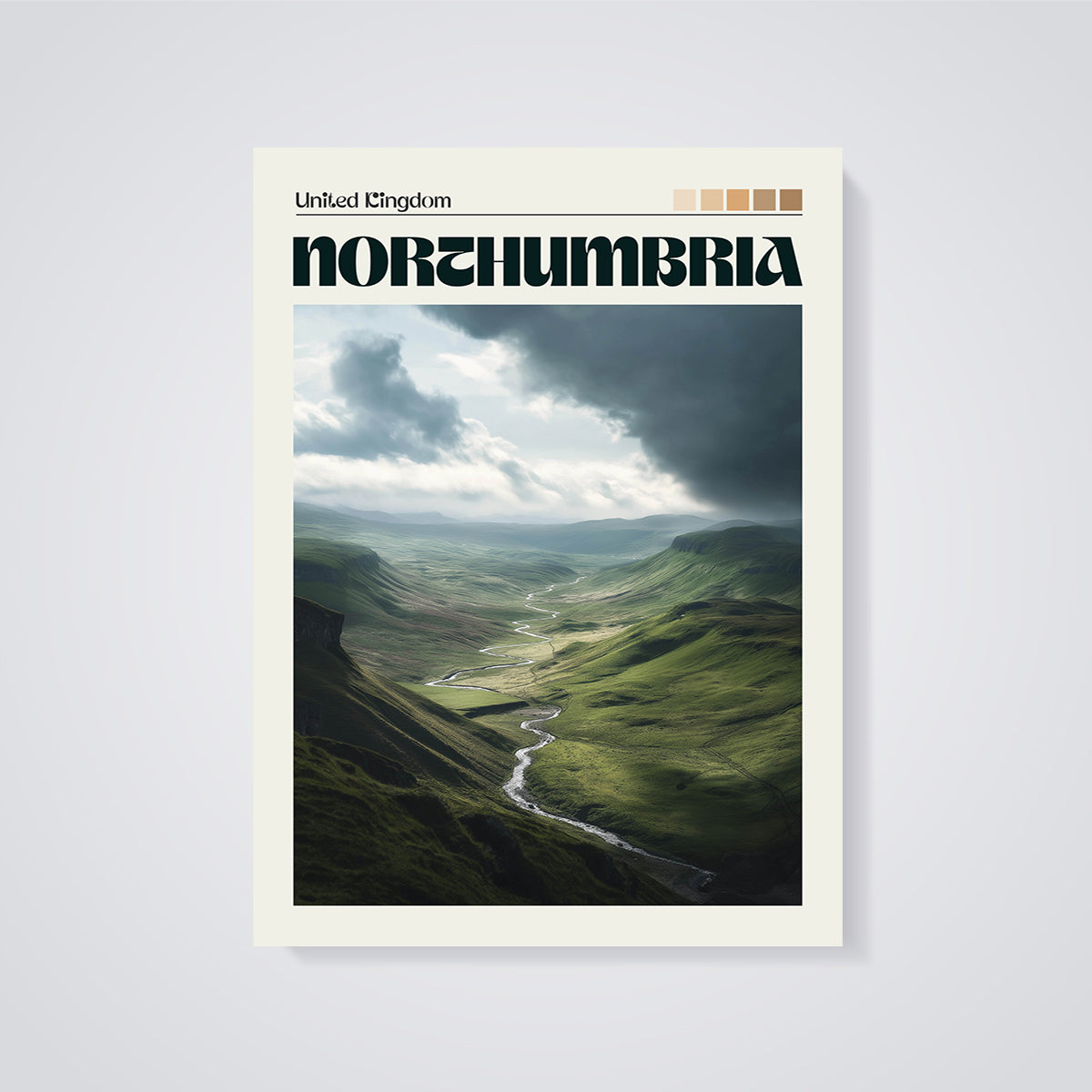 Northumbria Winding River Valley Print unframed on a grey background