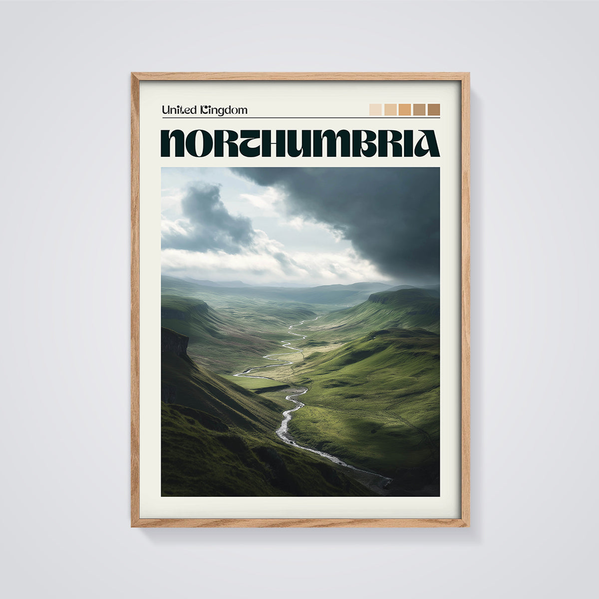 Northumbria Winding River Valley Print framed in oak on a grey background