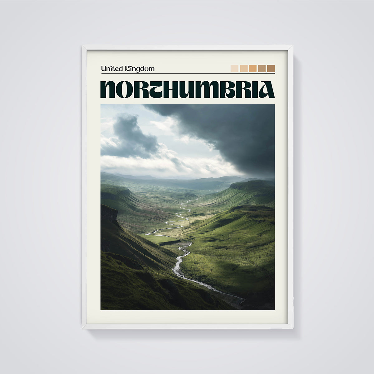 Northumbria Winding River Valley Print framed in white on a grey background