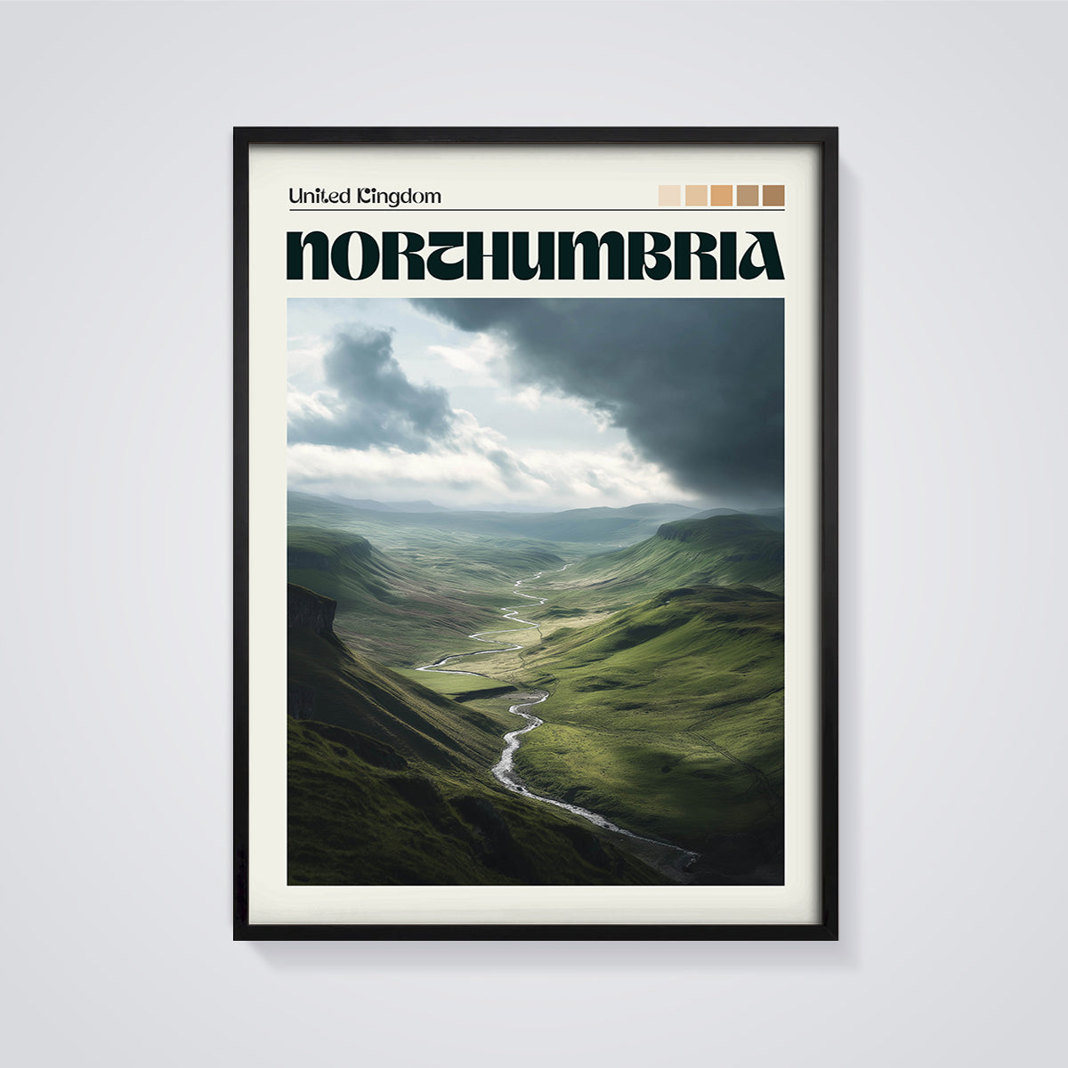 Northumbria Winding River Valley Print framed in black on a grey background